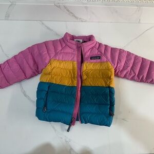 Patagonia Pink, Yellow, and Teal Puffer Jacket